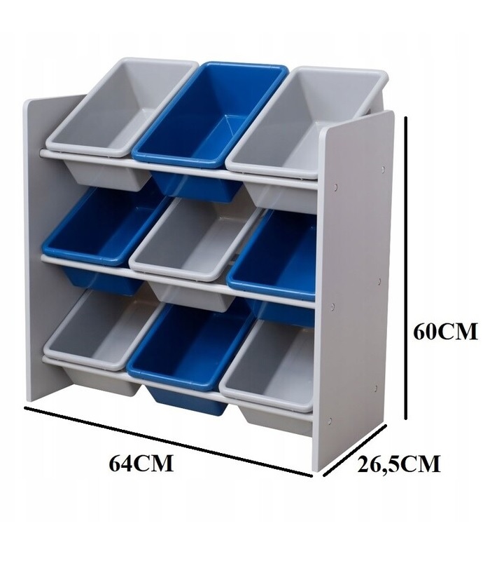 Gyerekjáték polc 9 műanyag dobozzal - kék-szürke