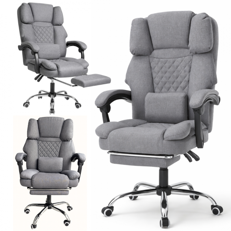 Ergonomická kancelářská židle s opěrkou nohou a masážní péčí - šedá látka