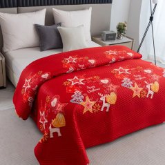 Prešívaný vianočný prehoz na posteľ červený s motívom hviezd a sobov