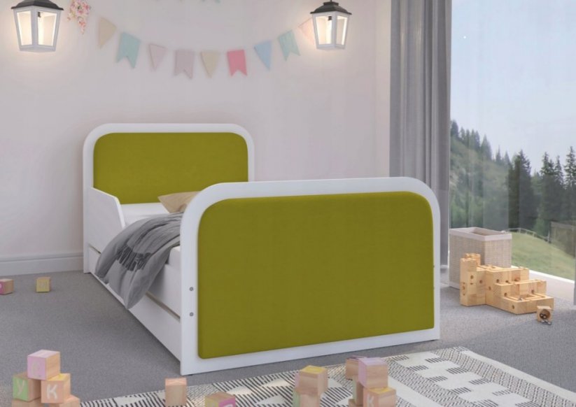 Detská posteľ s uložným priestorom a zeleným čalunením 160 x 80 cm