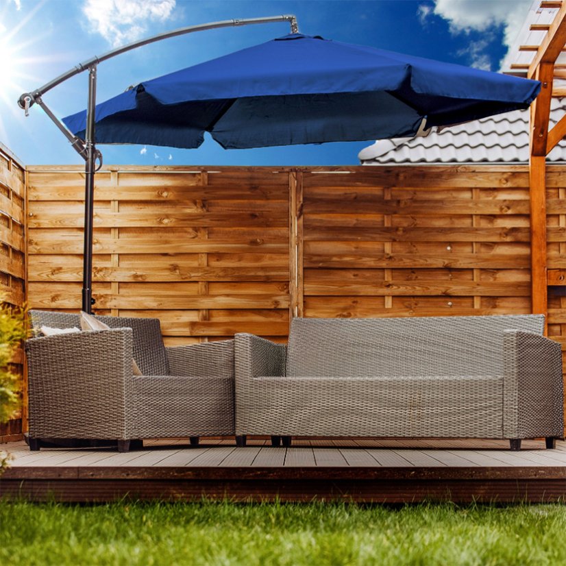 Modrý záhradný slnečník so stojanom