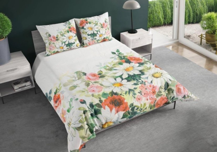 Obliečky s bavlneného saténu - margarétky a ruže na bielom podklade