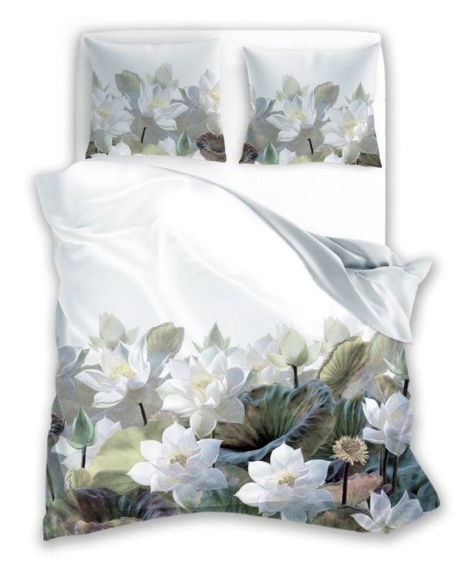 Posteľné obliečky s bavlneného saténu s motívom bielych lotosov