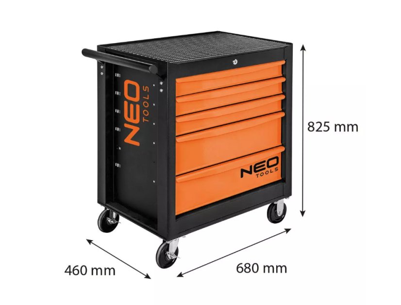 Skrinka na náradie NEO TOOLS s 5 zásuvkami a 117-dielnou sadou – profesionálny dielenský box