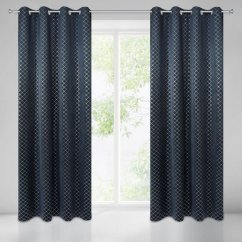 Temno modra zavesa za kroge z geometrijskim motivom 140 x 250 cm