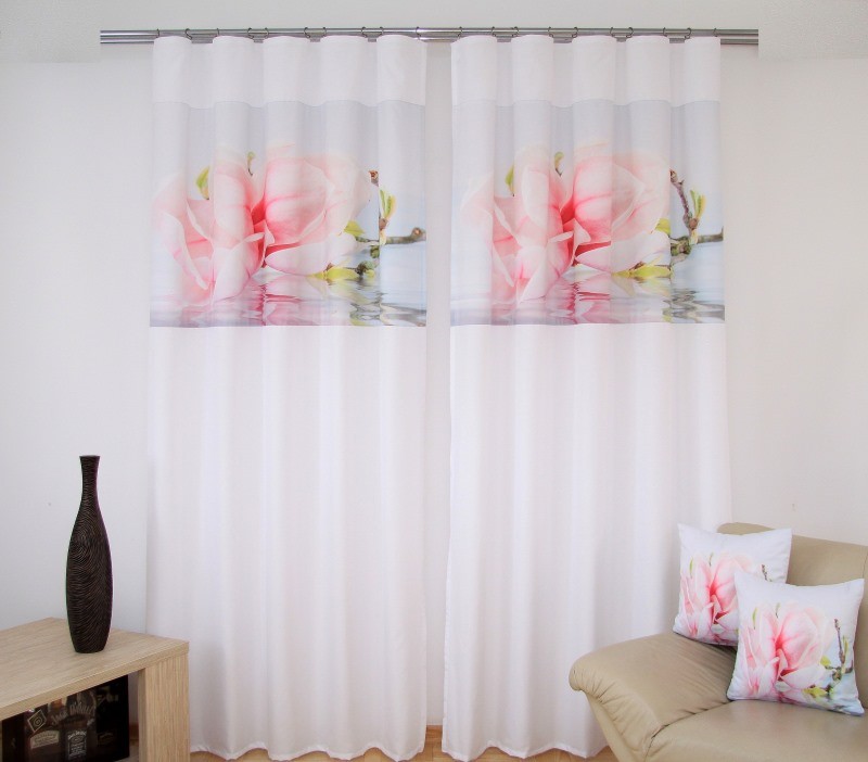 Bela zavesa za dnevno sobo z roza cvetom - Velikost: Širina: 160 cm | Dolžina: 250 cm (v kompletu sta 2 kosa)