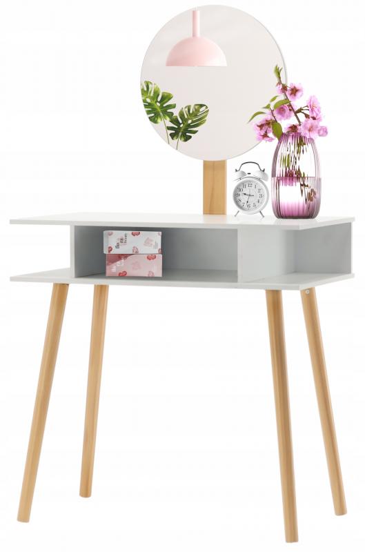 Biely retro toaletný stolík s okrúhlym zrkadlom a taburetkou