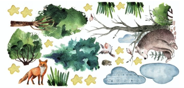 Dekoratív falmatrica gyerekeknek erdő és állatok motívumával 100 x 200 cm