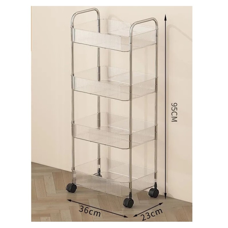 Ozka polica s 4 rešetkastimi policami in kolesci, 36 x 26 x 95 cm – prosojna