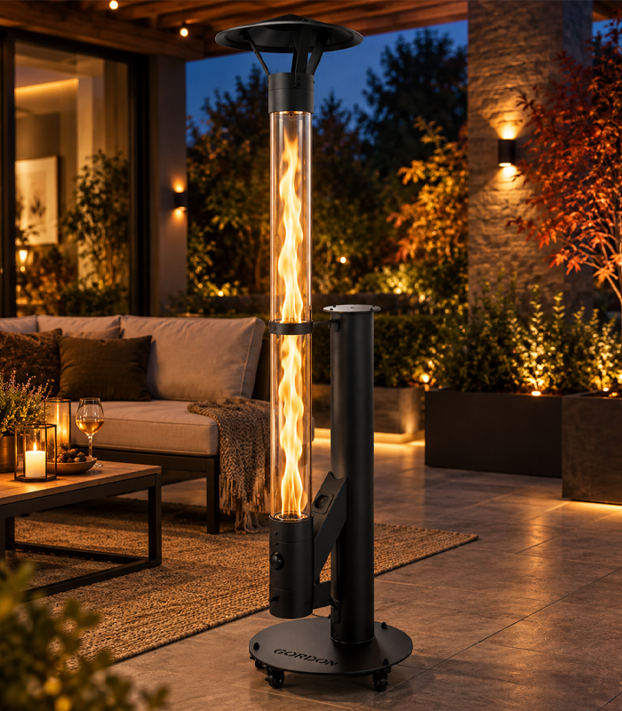 Terasový ohřívač na pelety s efektem plamene 5 kW, 189 cm, černý