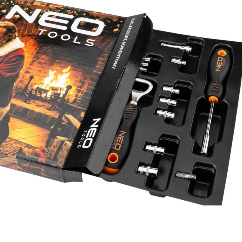 Adventný kalendár s náradím NEO TOOLS – 38-dielna sada bitov, hlavíc a mini račne