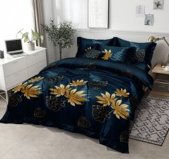 Lenjerie de pat din bumbac sintetic albastru închis cu frunze aurii
