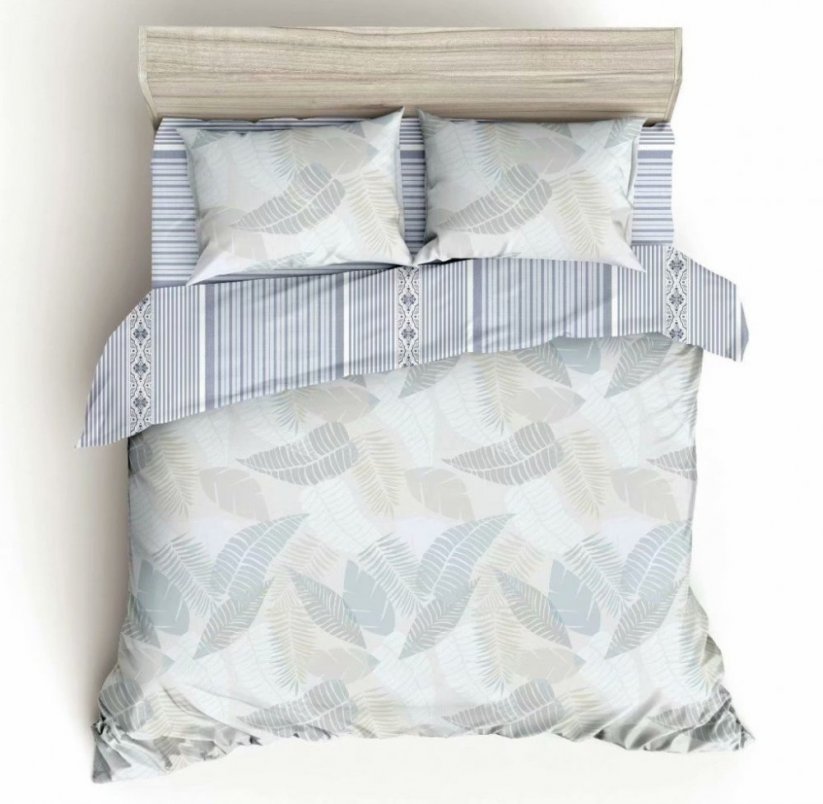 Obojstranné posteľné obliečky jemnej modrej farby s listami