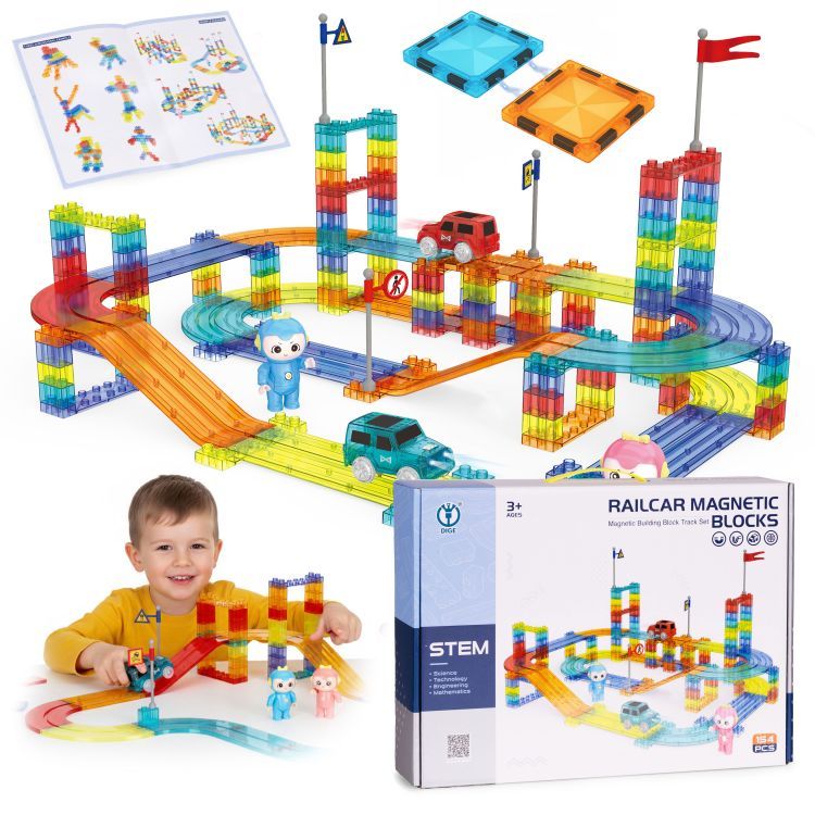 Magnetischer Baukasten für Kinder - 154-teiliger Baukasten mit Autos und LED-Hintergrundbeleuchtung
