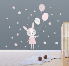 Stenska nalepka za deklico roza zajček z baloni 92 x 55 cm