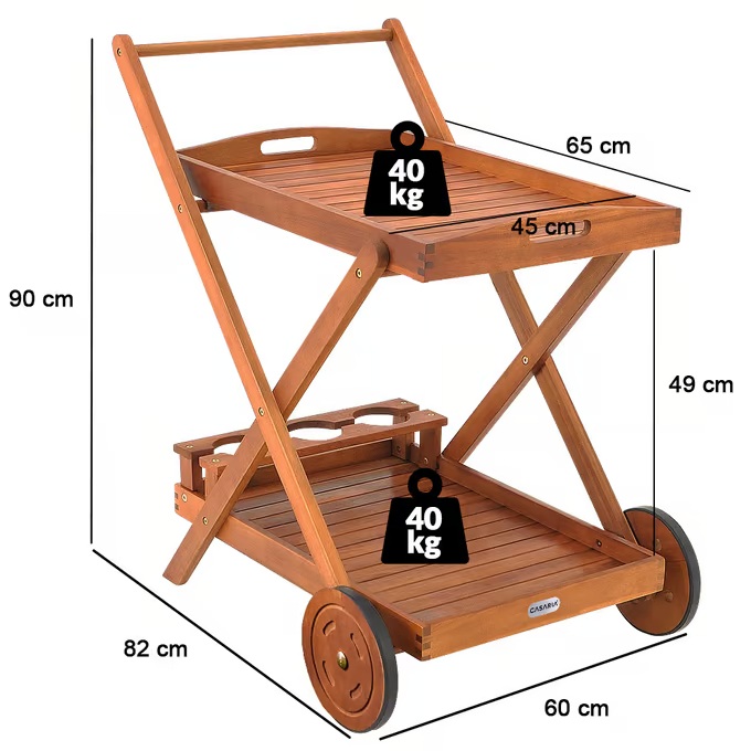 Carrello di servizio in legno di acacia con vassoio estraibile