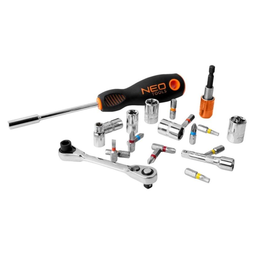 Adventný kalendár s náradím NEO TOOLS – 38-dielna sada bitov, hlavíc a mini račne