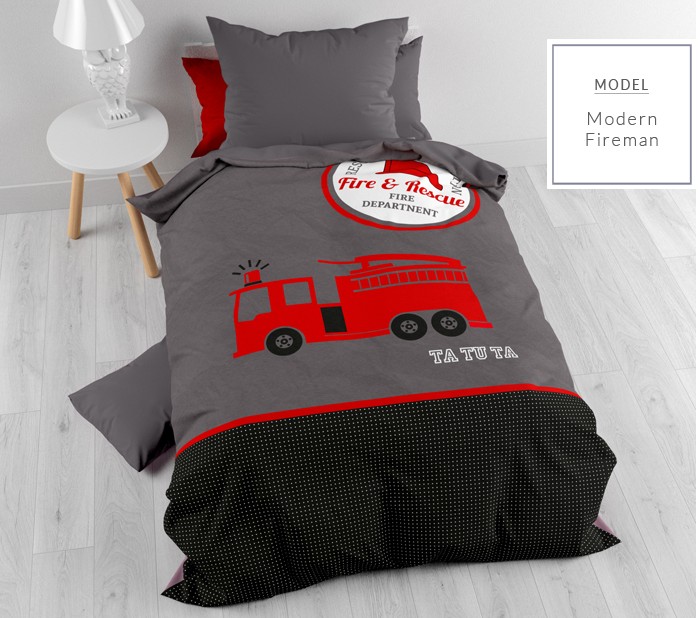 Lenjerie de pat gri cu model de mașină de pompieri 140x200cm