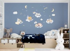 Dětská samolepka na zeď s motivem zvířátek spících na obláčku