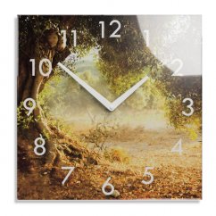 Декоративен стъклен часовник, мотив дърво и залез, 30 см