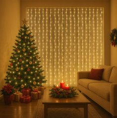 LED fényfüggöny 3x3 m - 300 LED - meleg fehér - USB - belsőépítészeti dekoráció