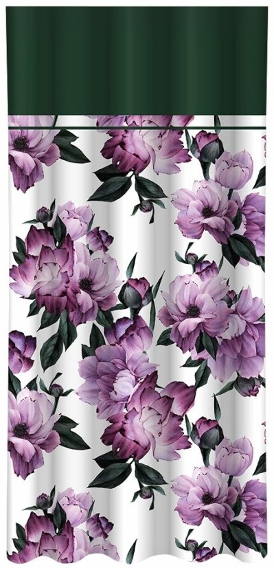Záves s potlačou fialových pivónií a zeleným lemom
