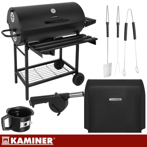 Nagyméretű kerti faszéngrill fedővel és hőmérővel