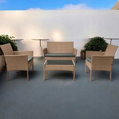 Elegáns rattan kerti bútor garnitúra asztallal és fekete üveglappal