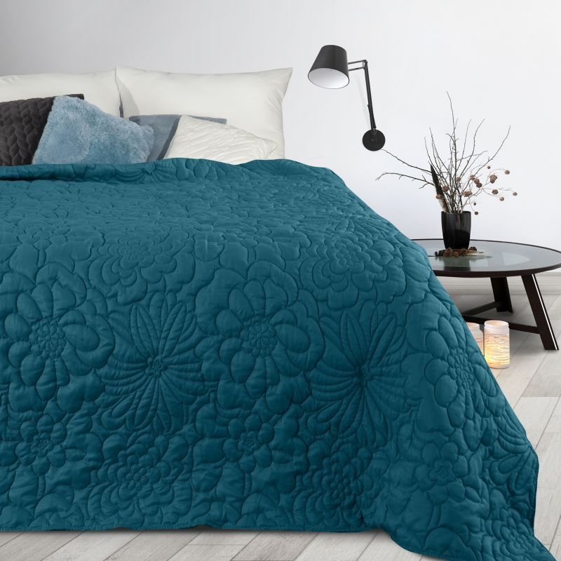 Cuvertură de pat albastru mat, cu imprimeu floral