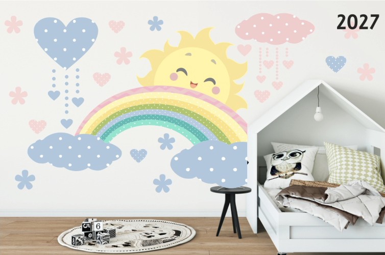 Autocolant frumos de perete în culori pastelate Soare, Curcubeu și Nori - Mărimea: 150 x 300 cm