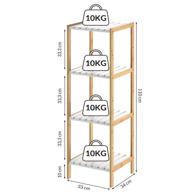 Bambusz polcos állvány 110 x 33 x 34 cm – fehér, 4 polccal