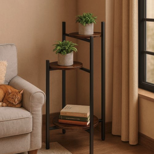 Stojan na květiny Loft - třípatrová police s kulatými dřevěnými policemi