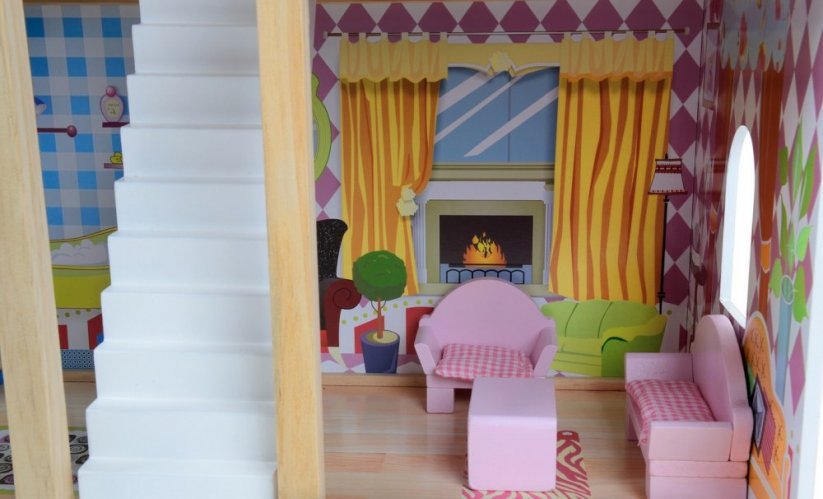 Krásný dřevěný domeček pro panenky s RGB LED osvětlením + 2 panenky