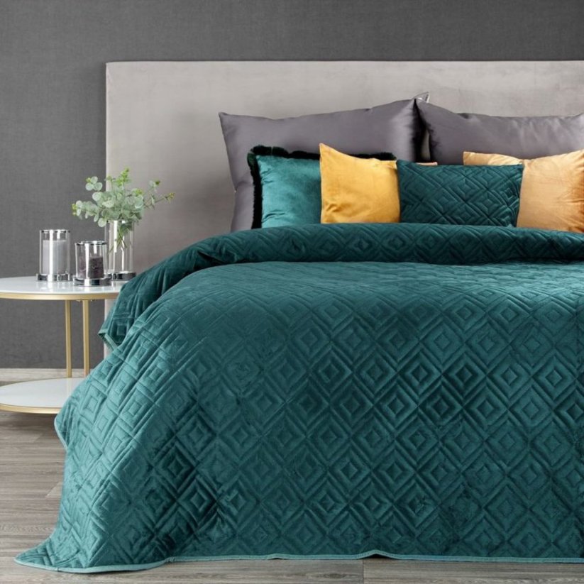 Cuvertură de pat din catifea cu matlasare decorativă turcoaz