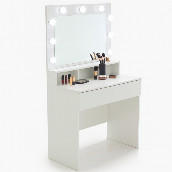 Tavolino da toilette bianco con specchio a LED, cassetti e scomparti