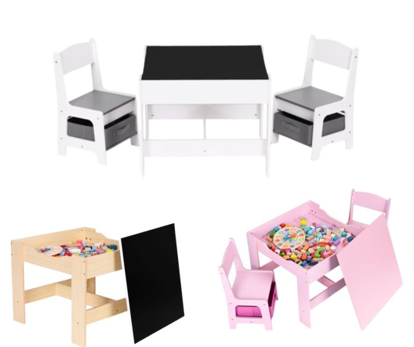 Praktikus 2in1 gyermekasztal két székkel és tárolóhellyel