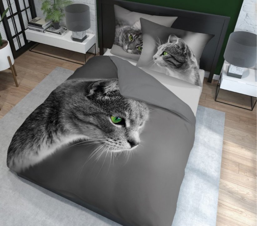 Lenjerie de pat din bumbac gri, cu motiv de pisică