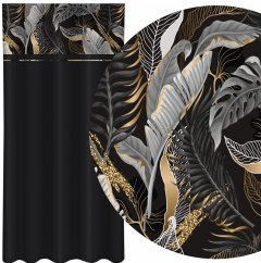 Класическа черна завеса с принт на сиви и златни листа