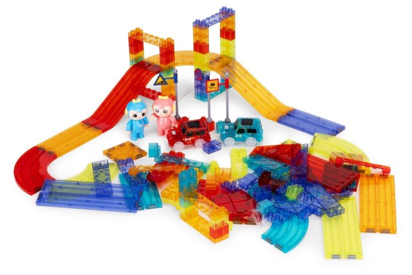 Magnetická stavebnica pre deti – 154-dielna stavebnica s autíčkami a LED podsvietením