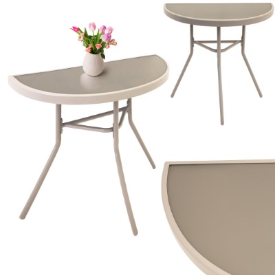 Pologuľatý balkónový stolík béžový – sklenený s kovovou konštrukciou