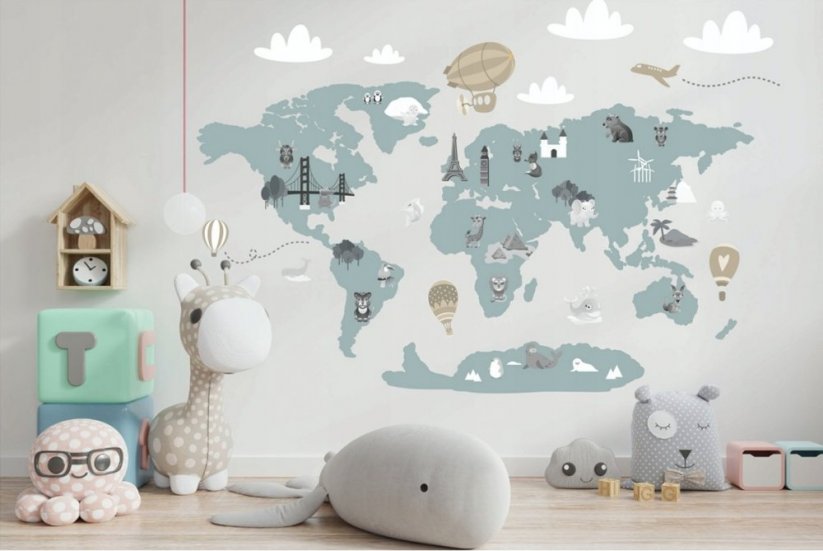 Adesivo da parete moderno per bambini in delicati colori pastello Mappa del mondo 80 x 160 cm