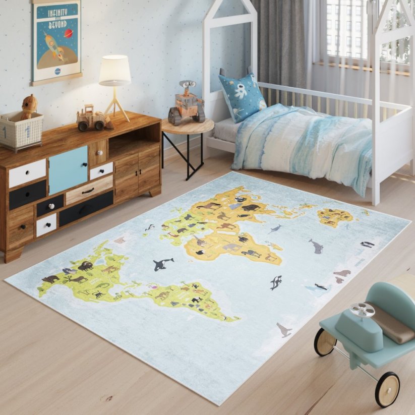 Tappeto per bambini con mappa del mondo e animali - Misure: Larghezza: 140 cm | Lunghezza: 200 cm