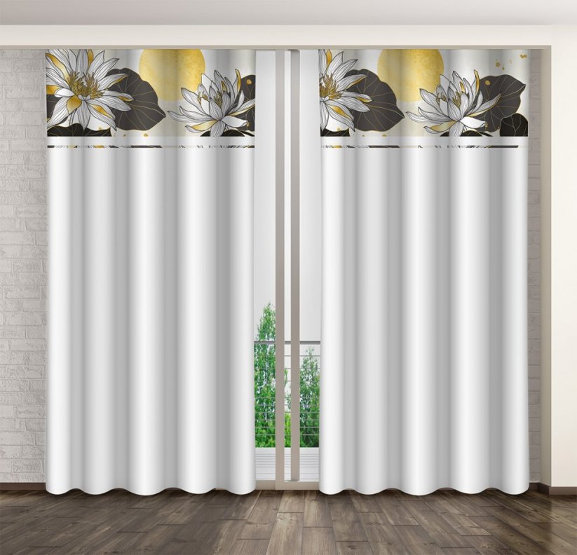 Класическа бяла завеса с принт на лотосови цветя