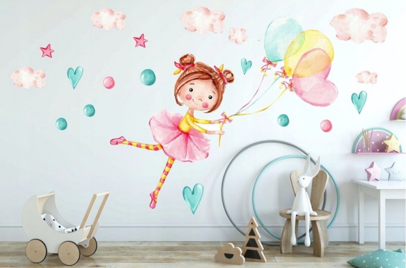 Adesivo per muro per bambini con disegno di bambina con palloncini - Misure: 60 x 120 cm