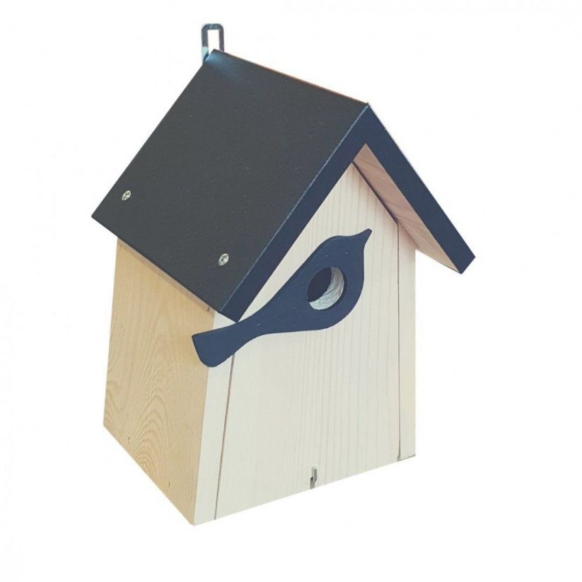Dřevěná ptačí budka pro hnízdění ptáků s šedou střechou