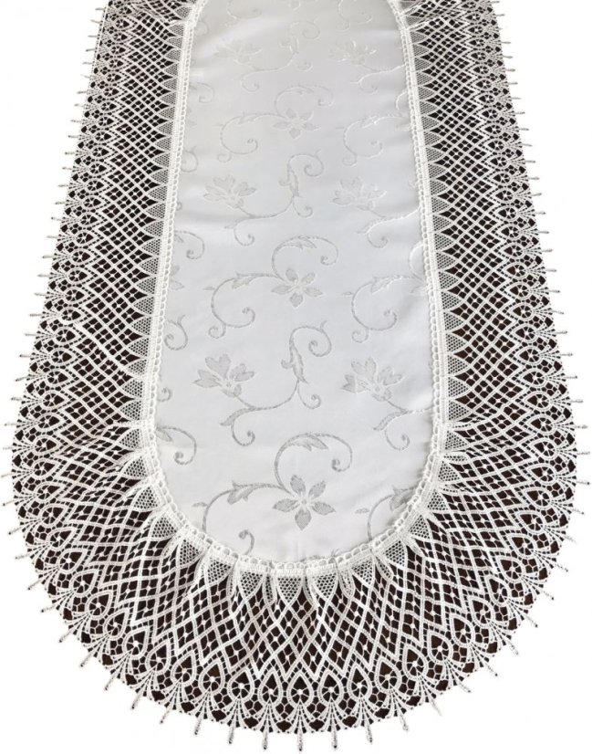 Luxusný krémový oválny obrus s jemnou vyšívkou a krajkou