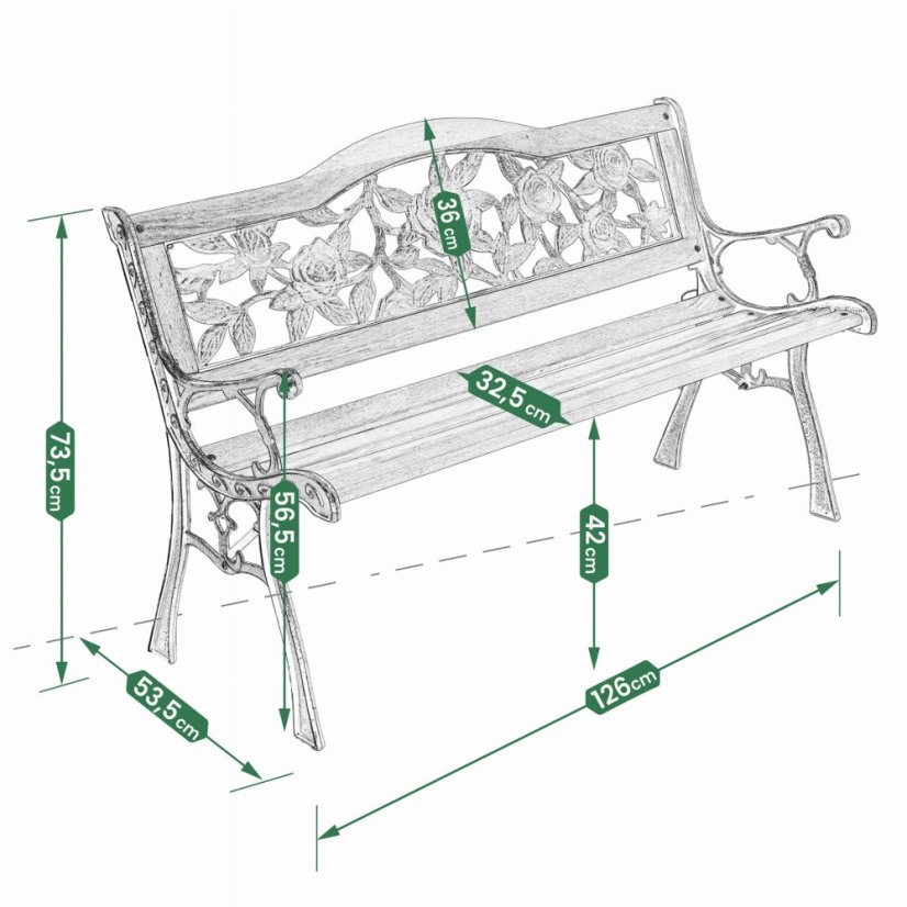 Vrtna klop z motivom vrtnic - 125x52x78 cm, bor