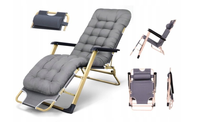 Zlaté zahradní lehátko s polštářem v šedé barvě