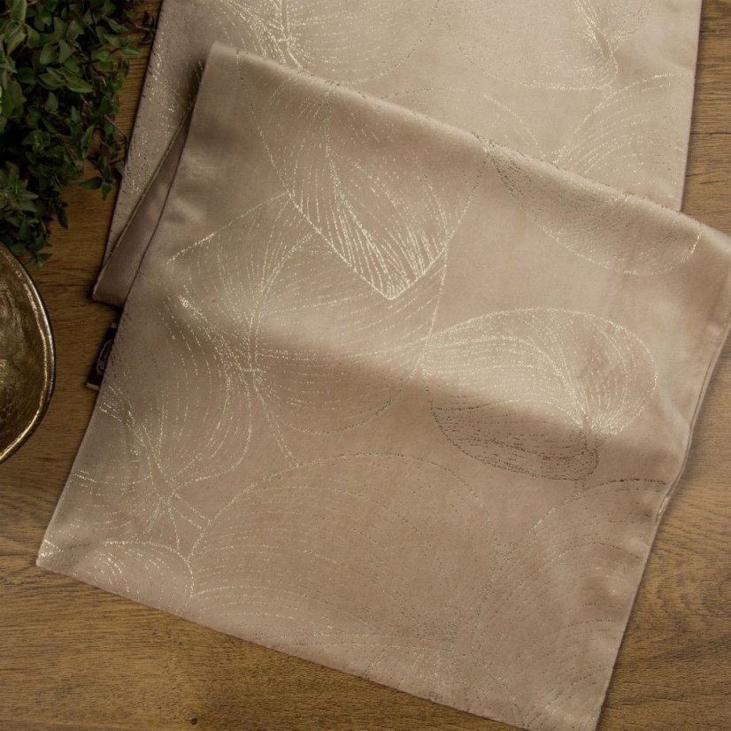 Bársony középső terítő fényes bézs színű levélmintával