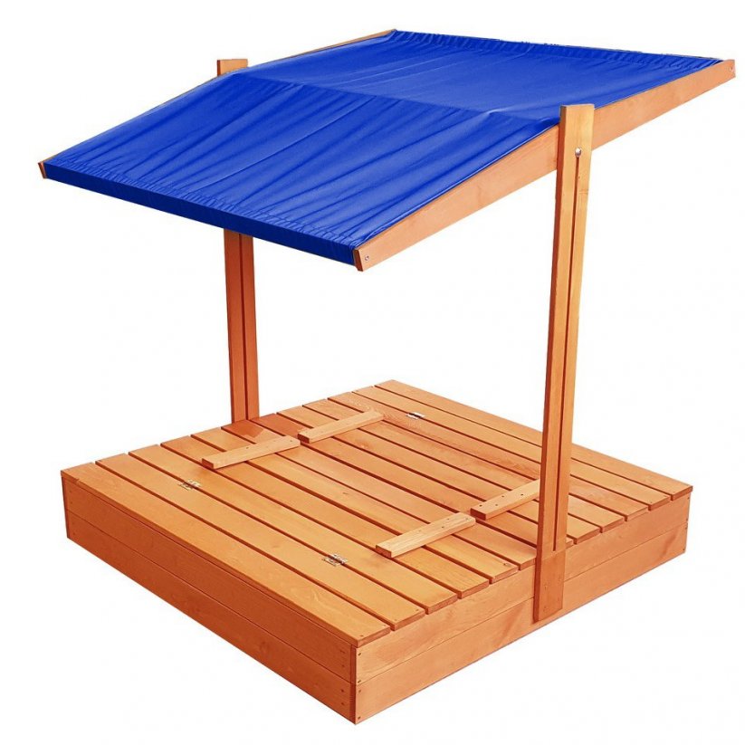 Verschließbarer Sandkasten mit Bänken und blauem Dach 120 x 120 cm